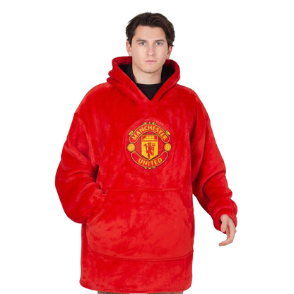 Red - Front - Manchester United FC Unisex Adult Crest Oversized Blanket Hoodie