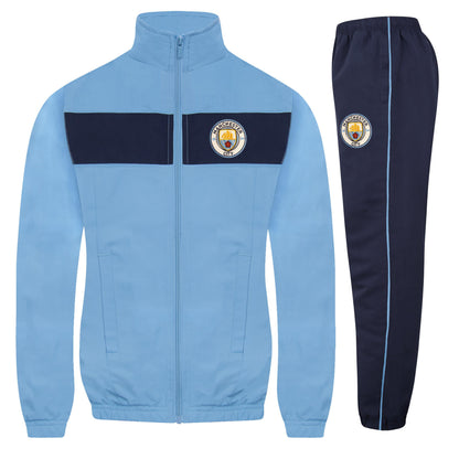 Navy Blue - Front - Manchester City FC Boys Contrast Striped Tracksuit