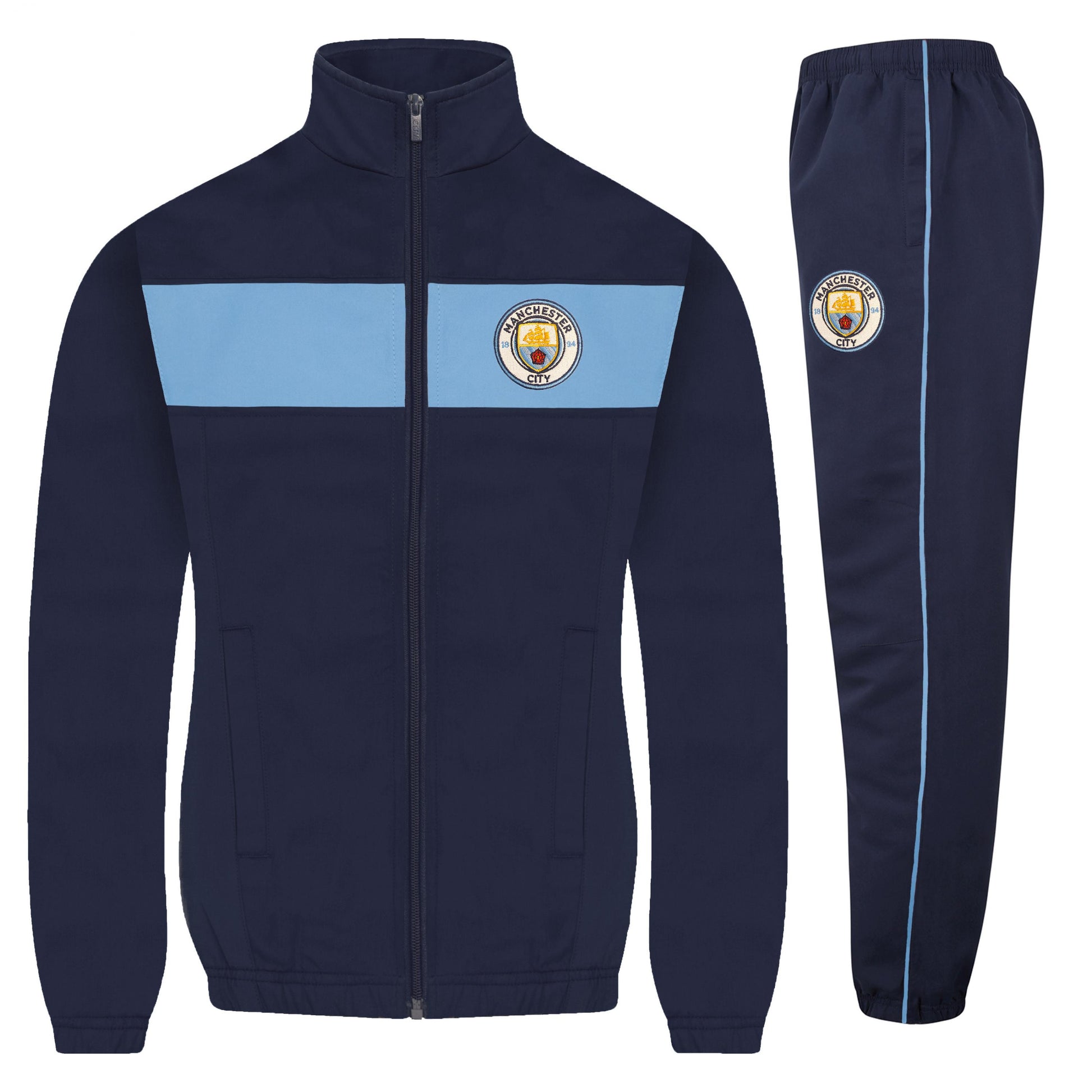 Navy-Sky Blue - Front - Manchester City FC Boys Contrast Striped Tracksuit
