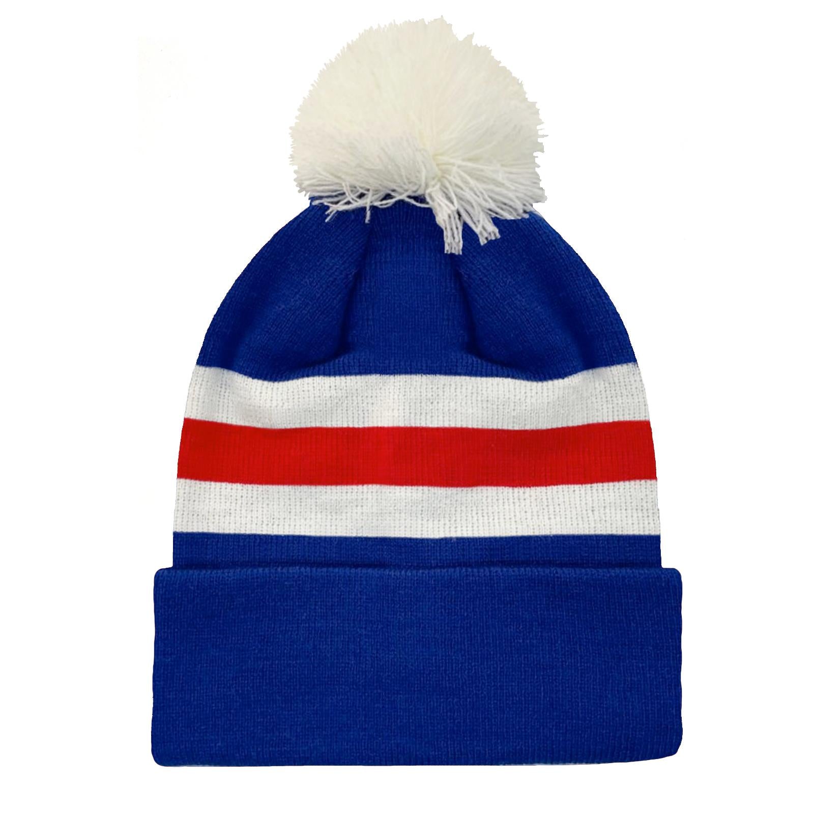 Blue-White-Red - Front - Fan Originals Rangers Contrast Striped Bobble Beanie