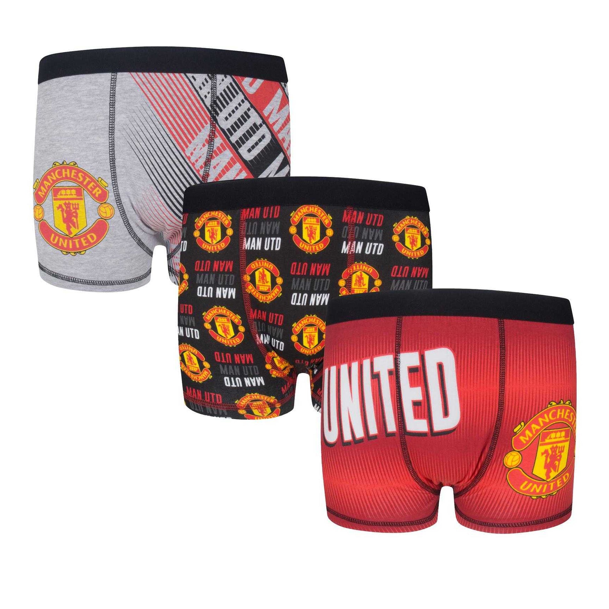Multicoloured - Front - Manchester United FC Boys Crest Boxer Shorts (Pack of 3)