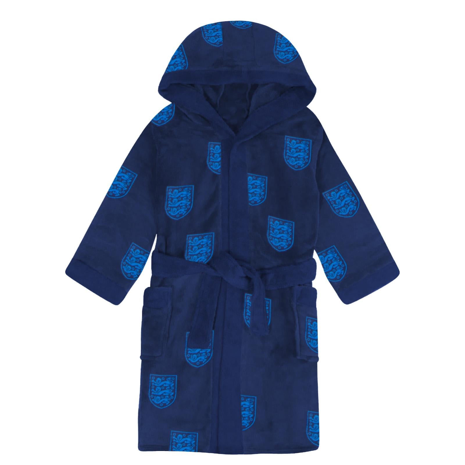 Navy Blue - Front - England Mens Crest Fleece All-Over Print Dressing Gown