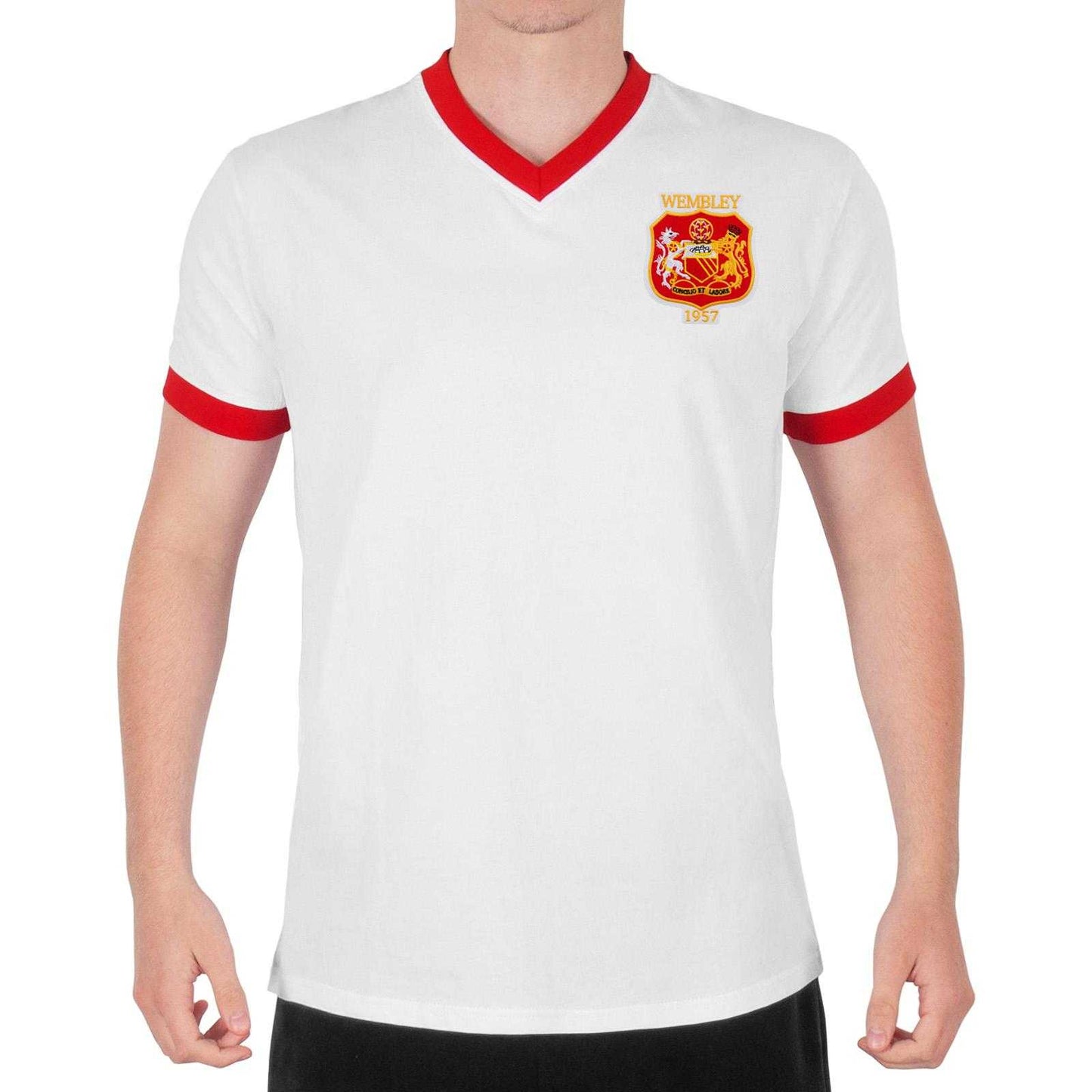 White - Pack Shot - Fan Originals Mens United Wembley 1957 Crest V Neck T-Shirt