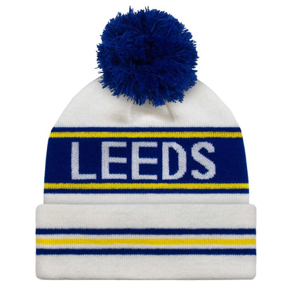 White-Blue - Front - Fan Originals Leeds Text Bobble Beanie