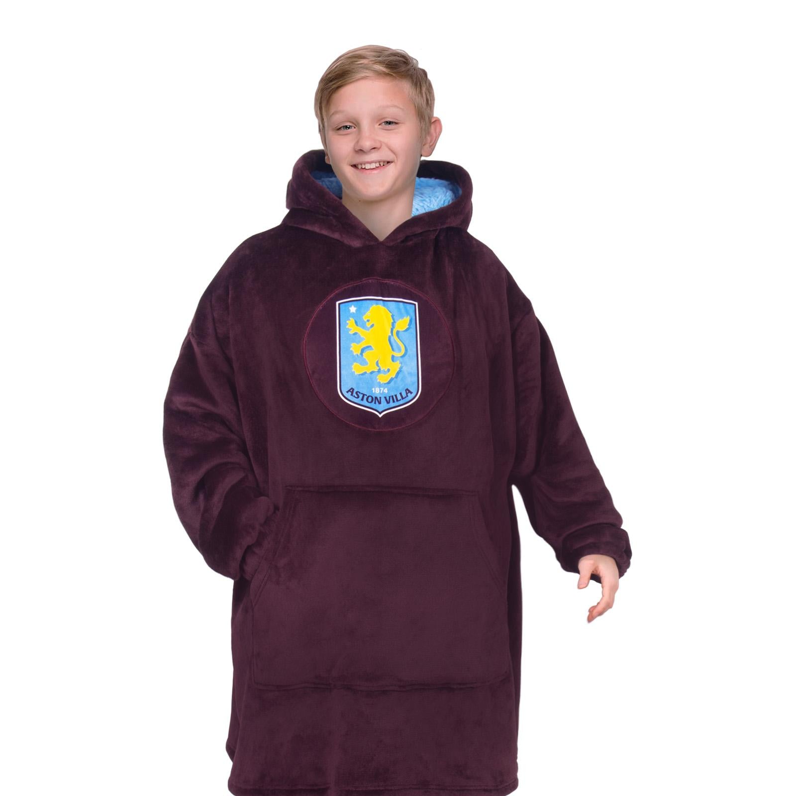 Claret - Front - Aston Villa FC Childrens-Kids Crest Oversized Hoodie Blanket
