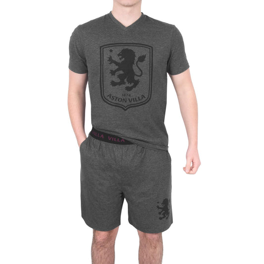 Grey - Front - Aston Villa FC Mens Crest Short Pyjama Set