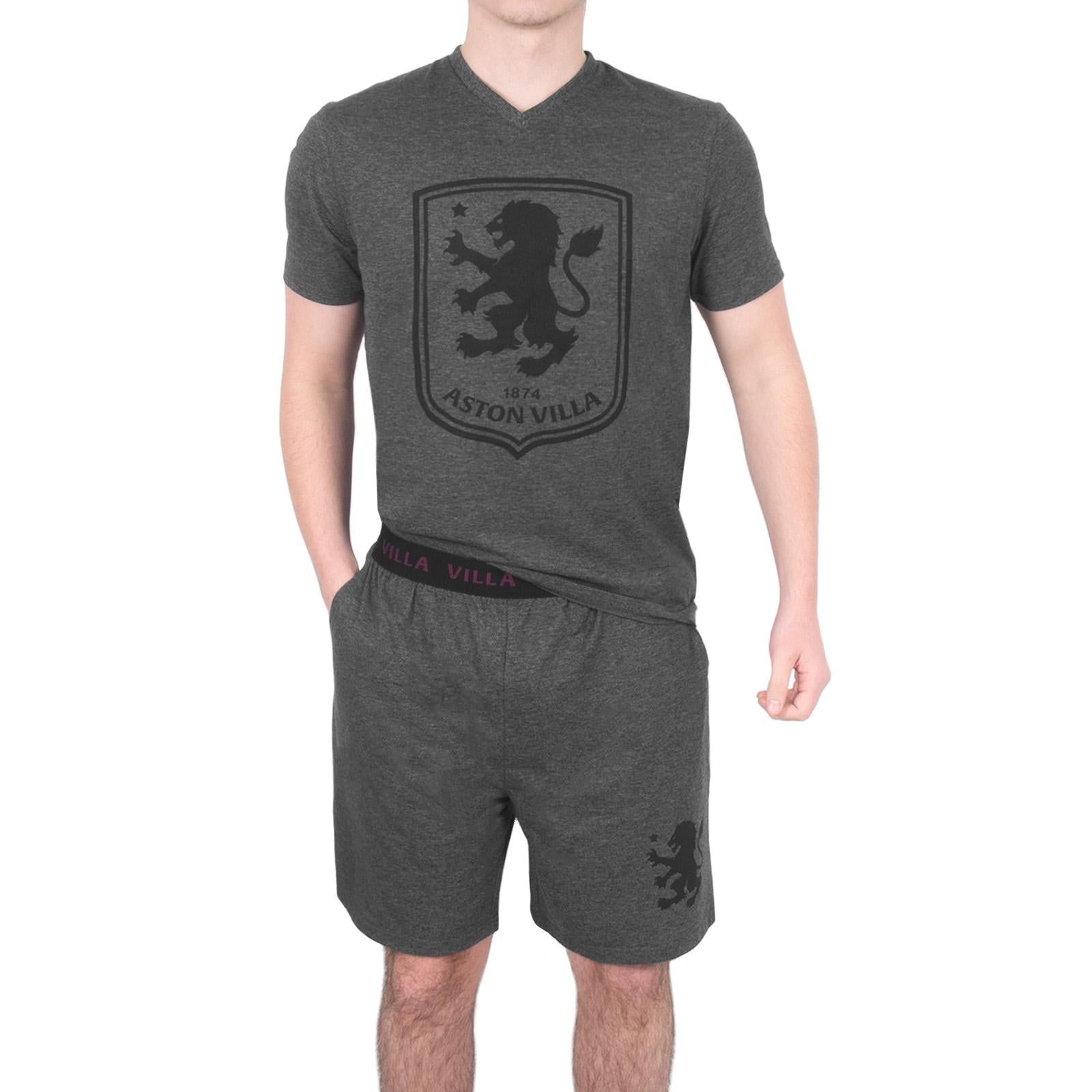 Grey - Front - Aston Villa FC Mens Crest Short Pyjama Set