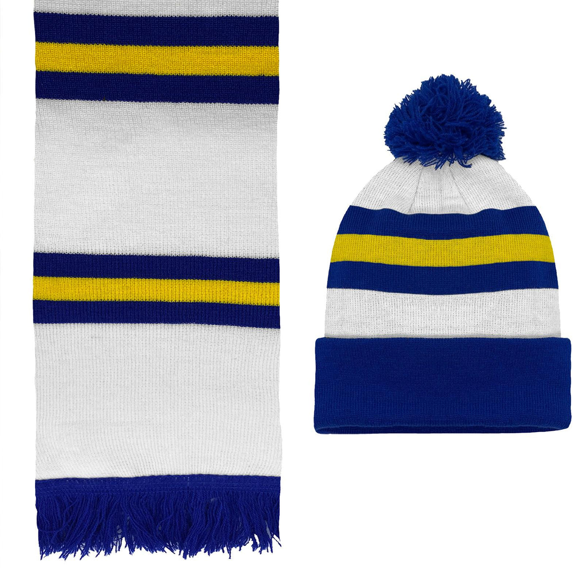 White - Front - Fan Originals Unisex Adult Leeds Striped Hat And Scarf Set