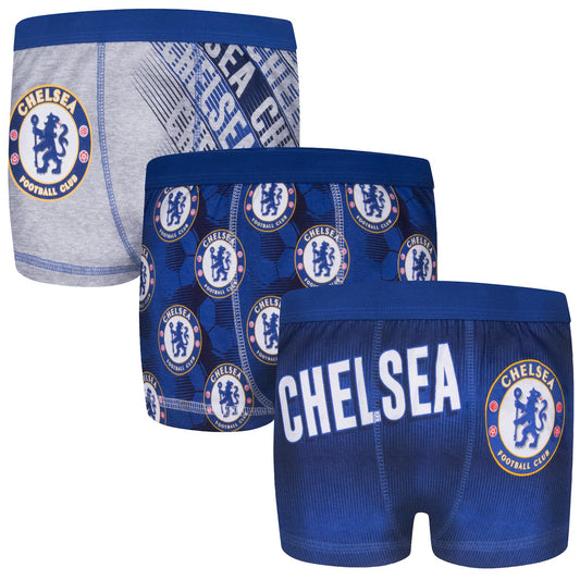 Blue-Navy-Grey - Front - Chelsea FC Boys Boxer Shorts (Pack of 3)