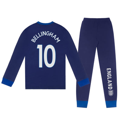 Blue - Front - England Football Boys Bellingham 10 Sublimated Long Pyjama Set