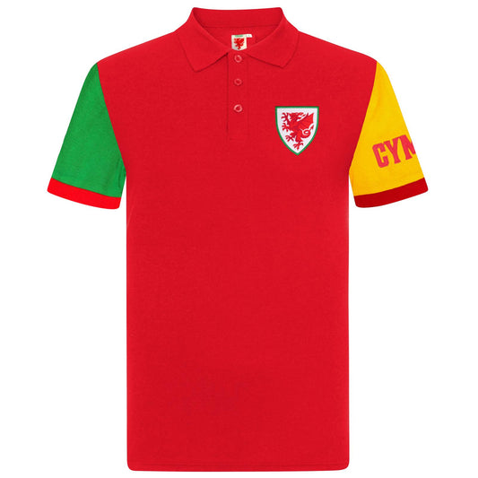 Red - Front - Wales Cymru Mens Contrast Sleeves Polo Shirt