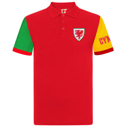 Red - Front - Wales Cymru Mens Contrast Sleeves Polo Shirt
