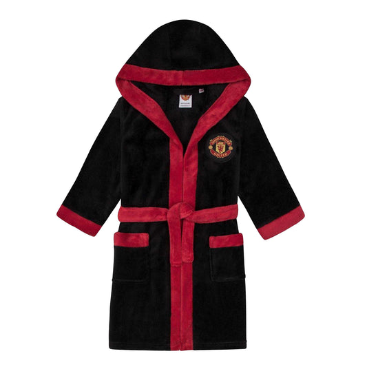 Black - Front - Manchester United FC Boys Crest Fleece Dressing Gown