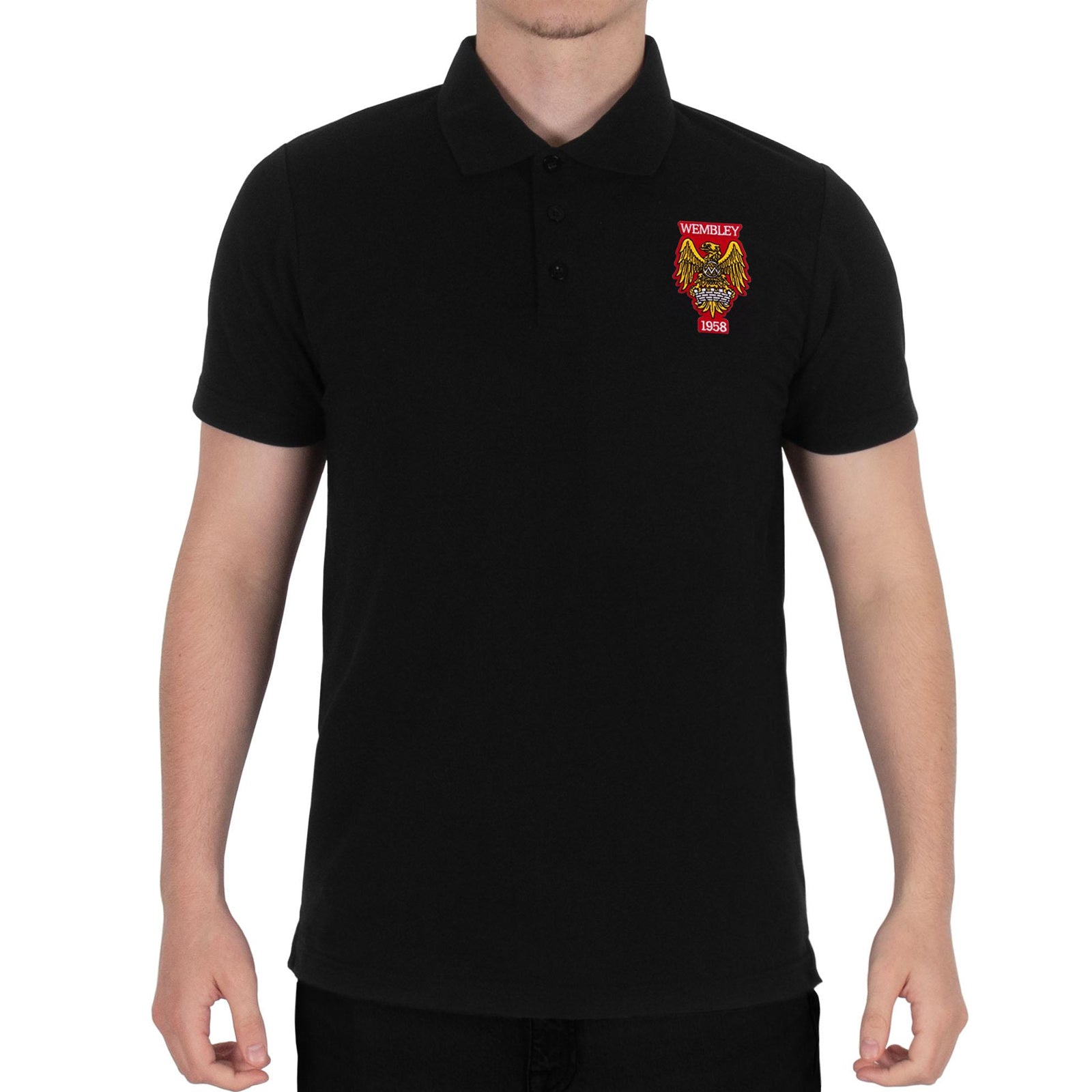Black - Pack Shot - Fan Originals Mens Wembley 1958 Crest Polo Shirt