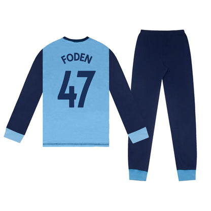 Sky Blue - Back - Manchester City FC Boys Phil Foden 47 Long Pyjama Set