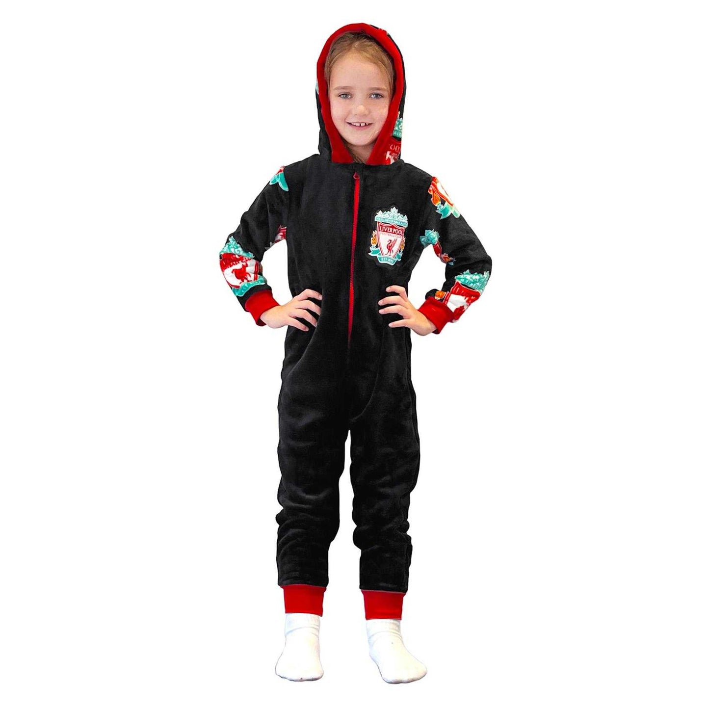 Black - Close up - Liverpool FC Childrens-Kids Crest Fleece All-In-One Nightwear