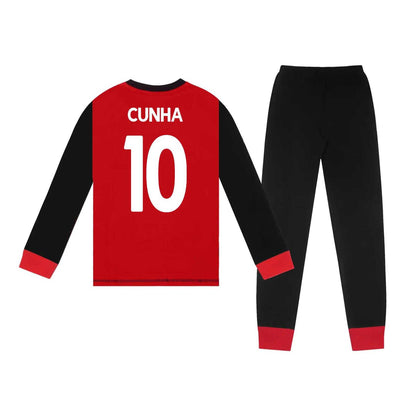 Red-Black - Back - Manchester United FC Boys Matheus Cunha 10 Long Pyjama Set