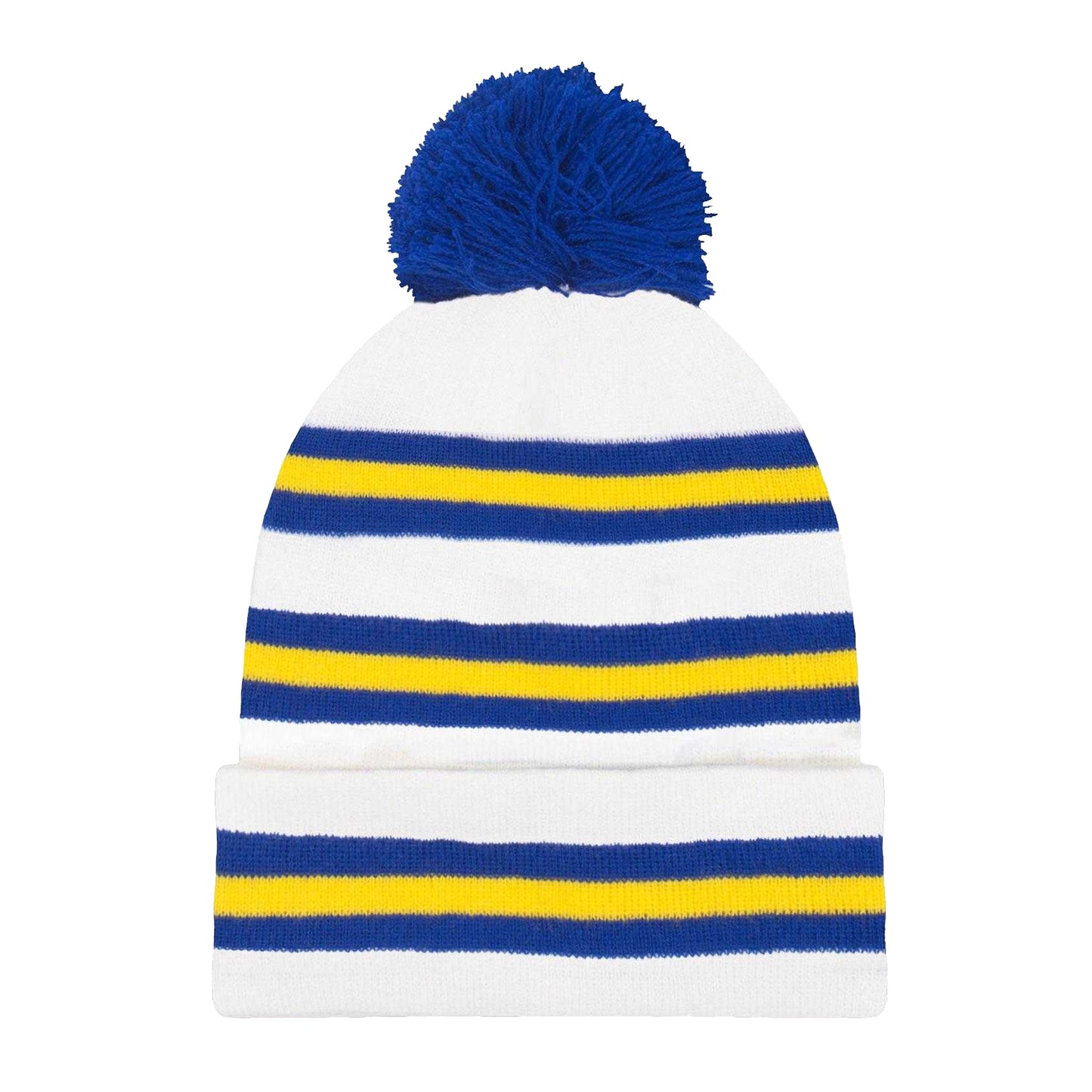 White-Blue-Yellow - Front - Fan Originals Leeds Contrast Striped Bobble Beanie
