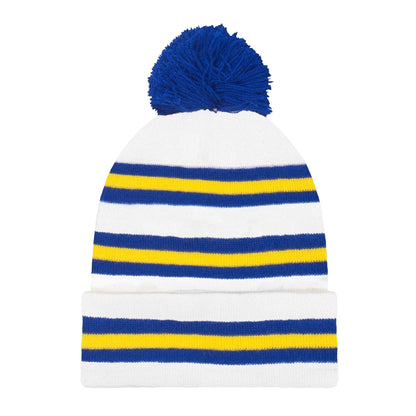 White-Blue-Yellow - Front - Fan Originals Leeds Contrast Striped Bobble Beanie