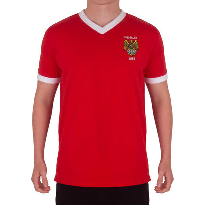 Red - Pack Shot - Fan Originals Mens United Wembley 1958 Crest Polyester V Neck T-Shirt