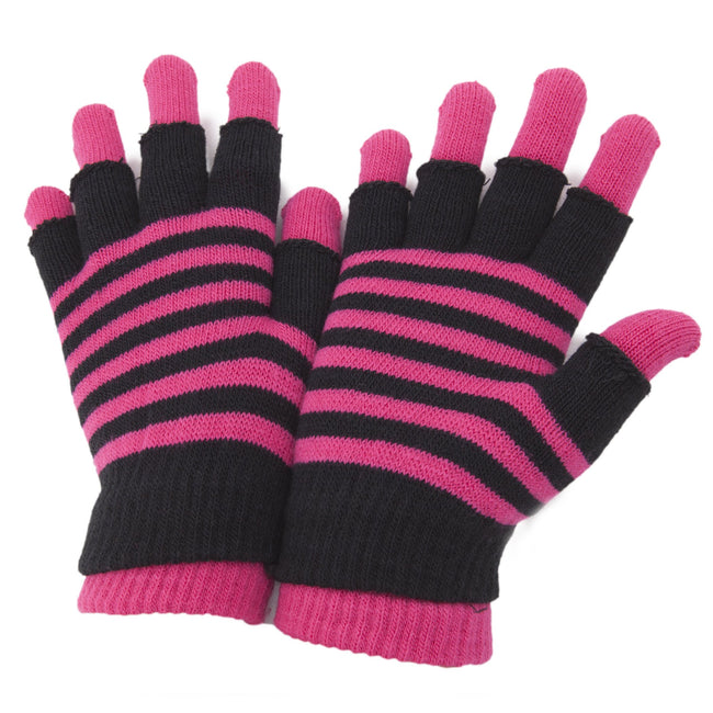 Pink - Front - Ladies-Womens Striped Thermal 2 In 1 Magic Gloves (Fingerless And Full Fingered)