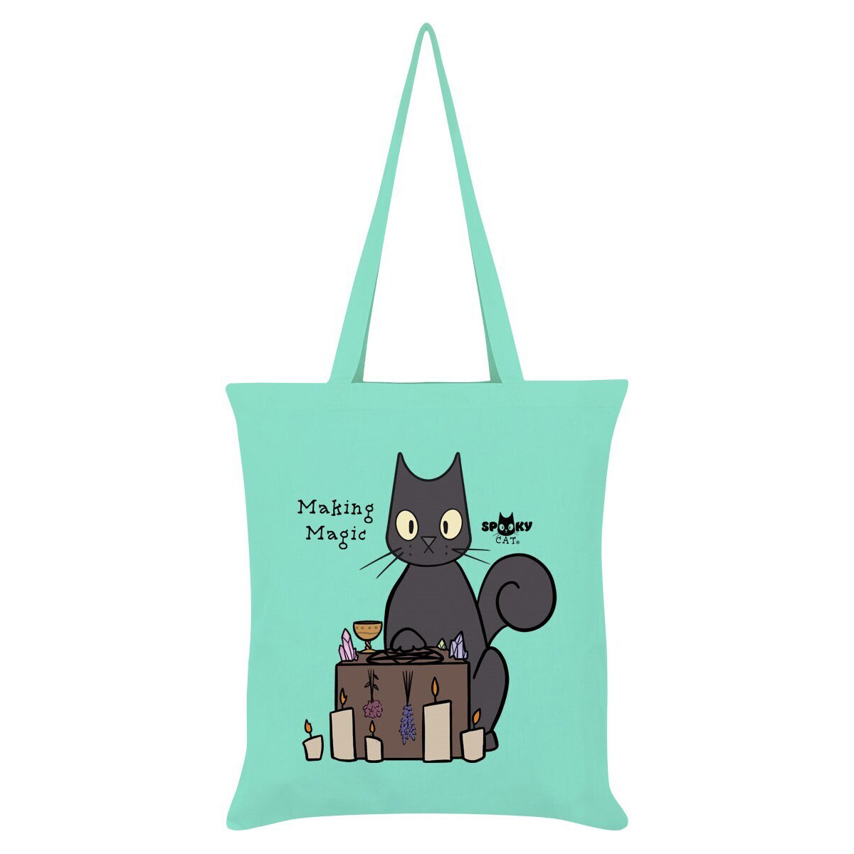 Mint Green-Dark Grey-Brown - Front - Spooky Cat Making Magic Tote Bag