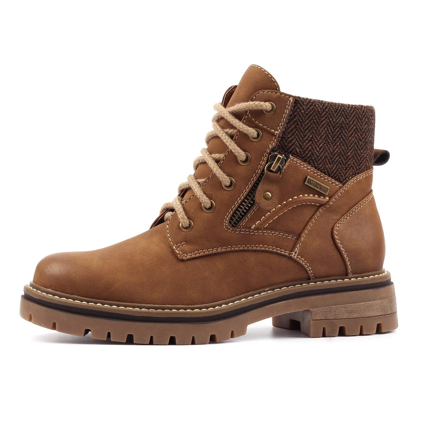 Tan - Back - Lunar Womens-Ladies Caramel Faux Leather Waterproof Boots