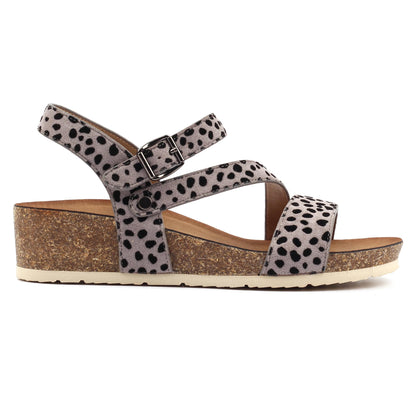Grey - Back - Lunar Womens-Ladies Muster Leopard Print Wedge Heel Sandals