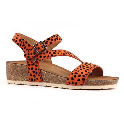 Orange - Front - Lunar Womens-Ladies Muster Leopard Print Wedge Heel Sandals