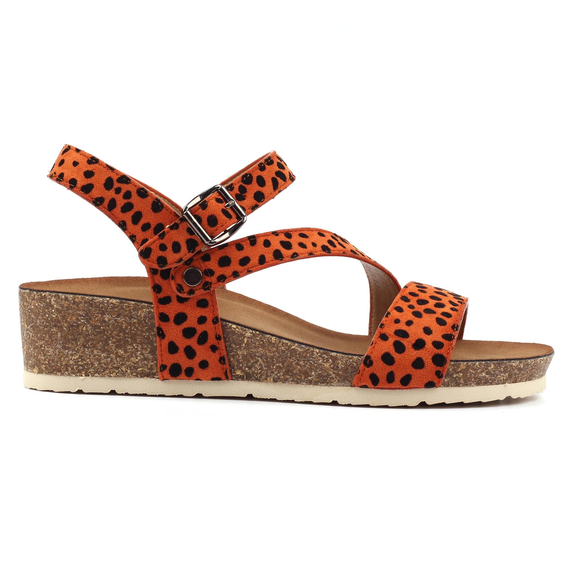 Orange - Back - Lunar Womens-Ladies Muster Leopard Print Wedge Heel Sandals