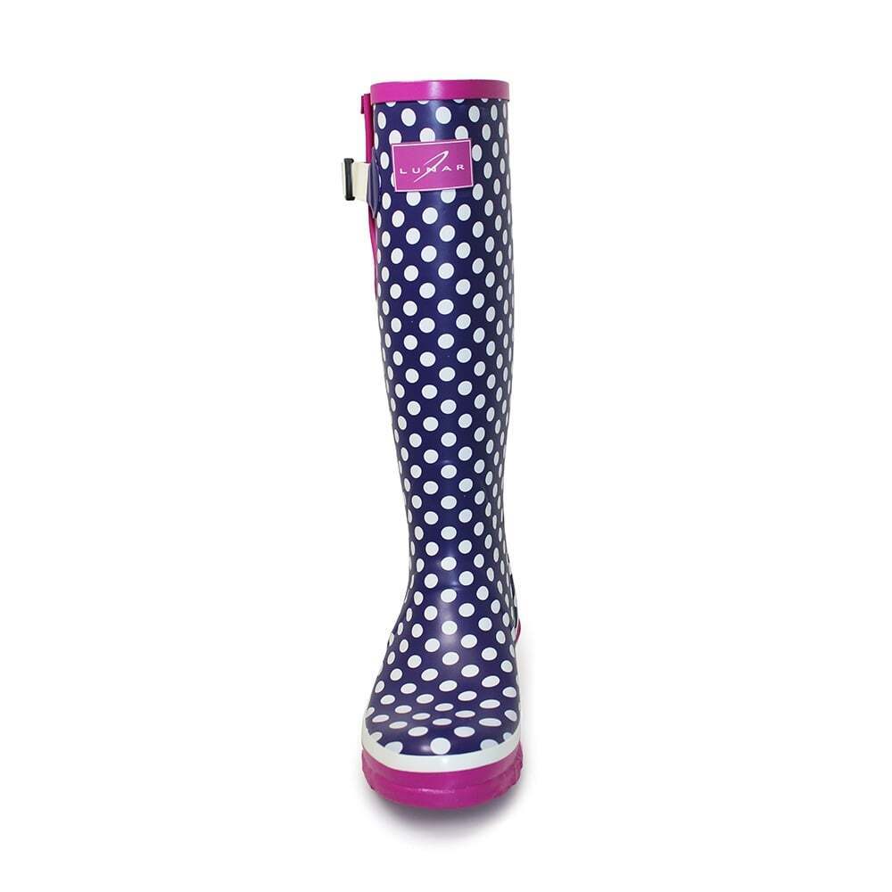 Pale Blue-White-Pink - Close up - Lunar Womens-Ladies Polka Dot Wellington Boots