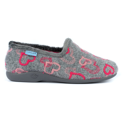 Grey-Pink - Back - Lunar Womens-Ladies Jolly Hearts Slippers