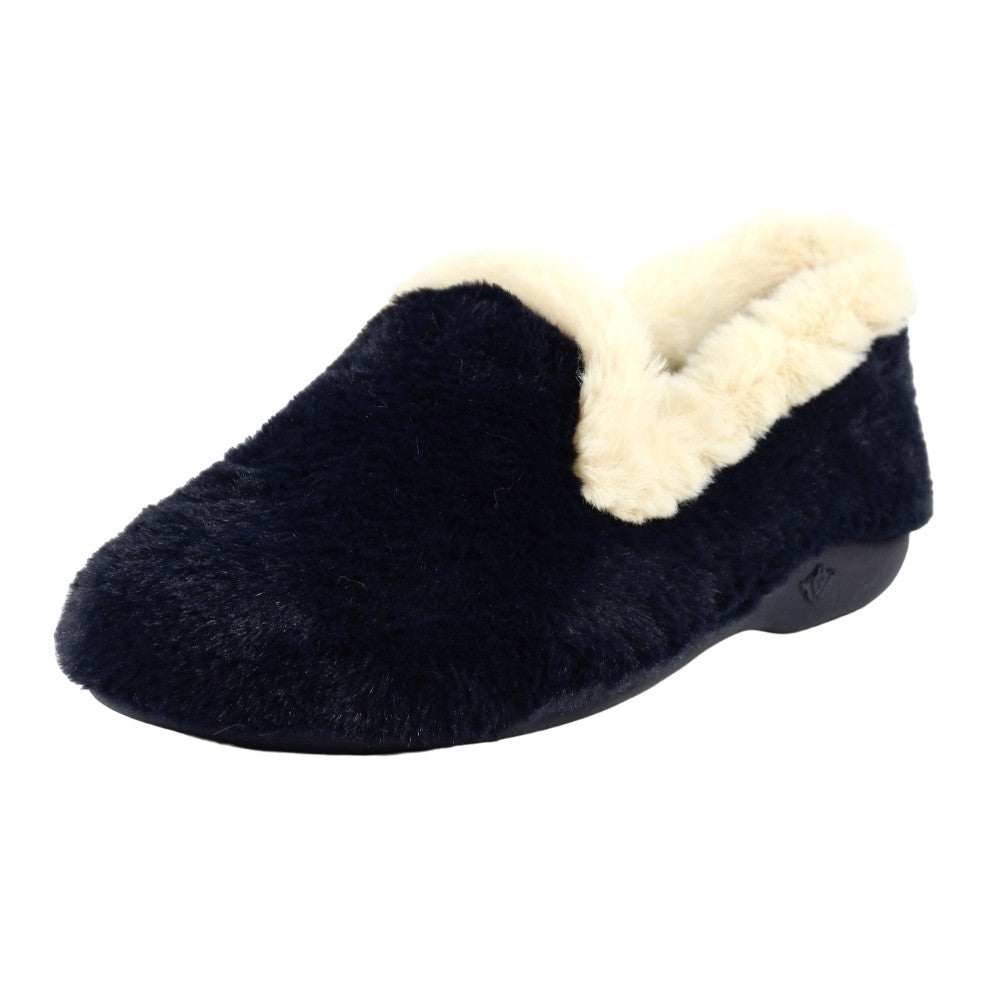 Navy - Side - Lunar Womens-Ladies Shake Faux Fur Trim Slippers