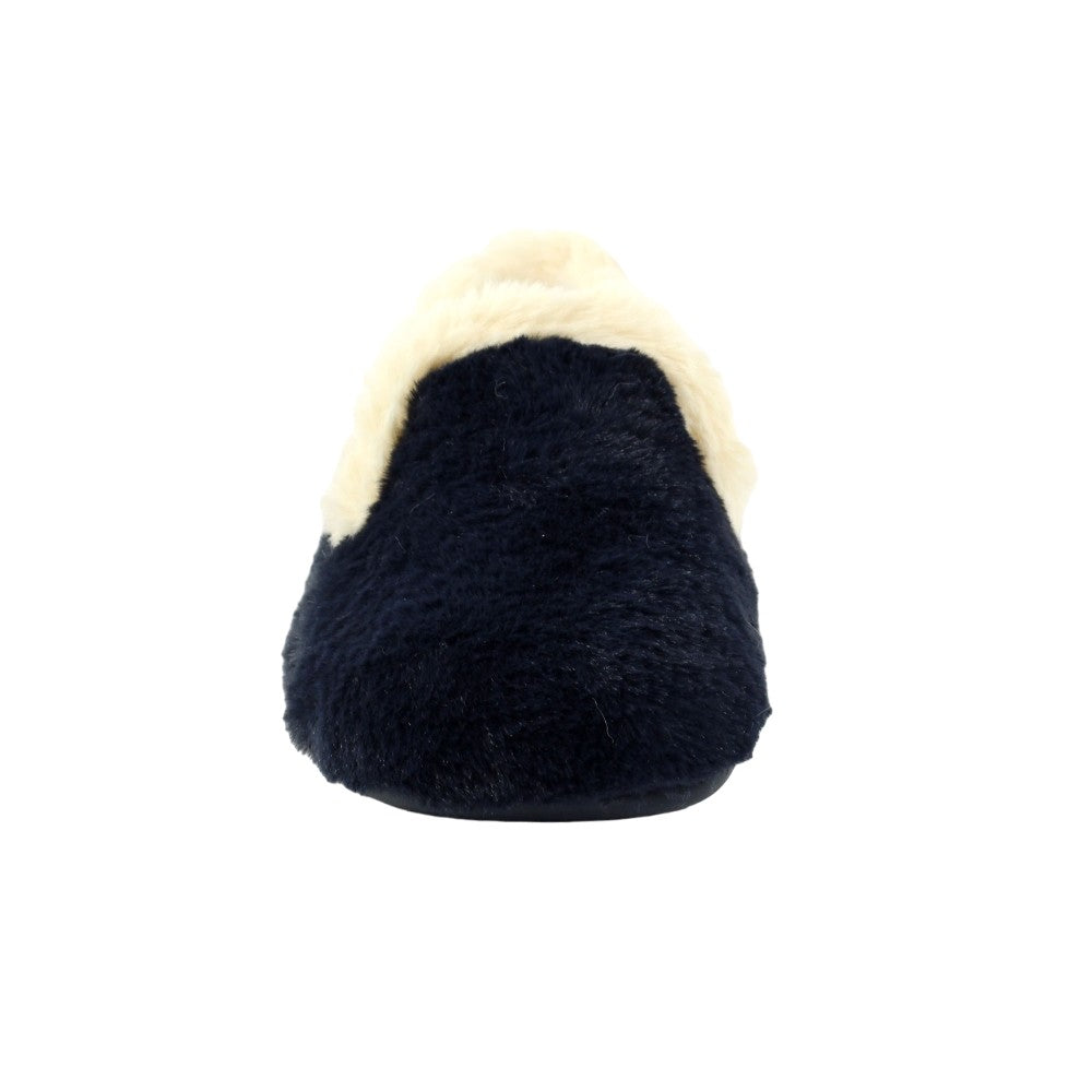 Navy - Close up - Lunar Womens-Ladies Shake Faux Fur Trim Slippers