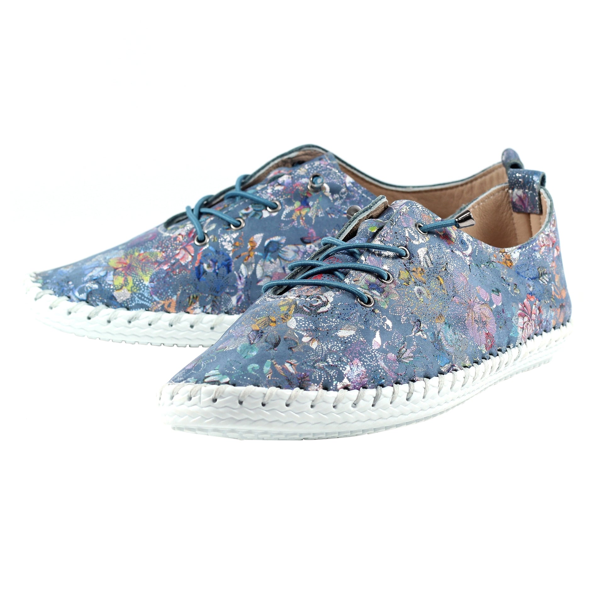 Blue - Close up - Lunar Womens-Ladies Exbury Floral Leather Plimsolls