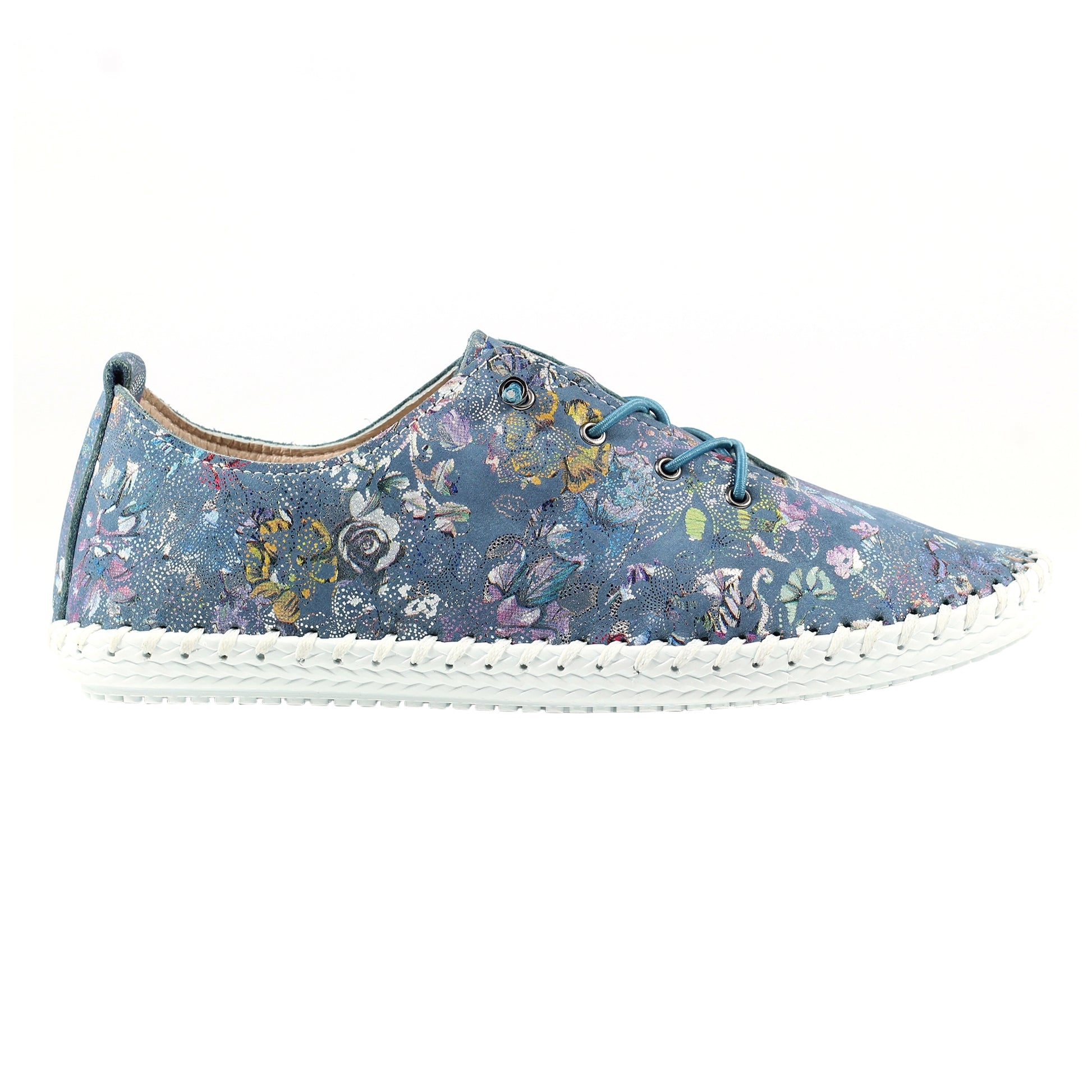 Blue - Back - Lunar Womens-Ladies Exbury Floral Leather Plimsolls