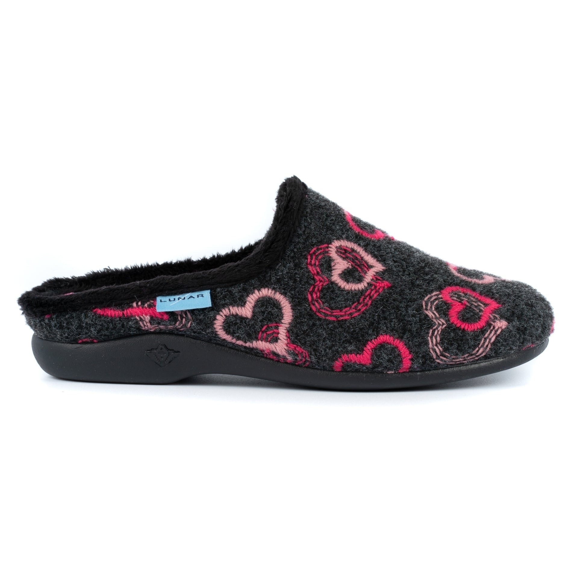 Black-Pink - Back - Lunar Womens-Ladies Honey Hearts Slippers