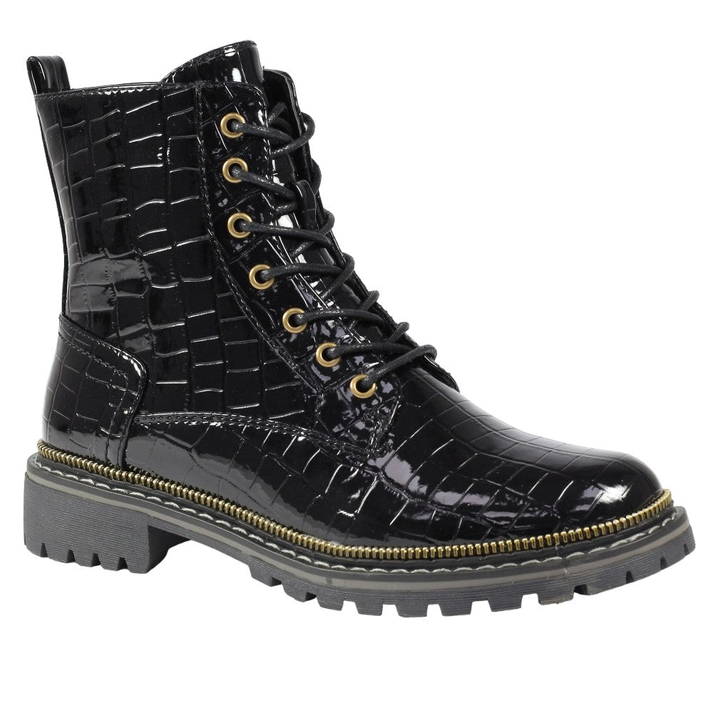 Black - Front - Lunar Womens-Ladies Regan Croc Ankle Boots