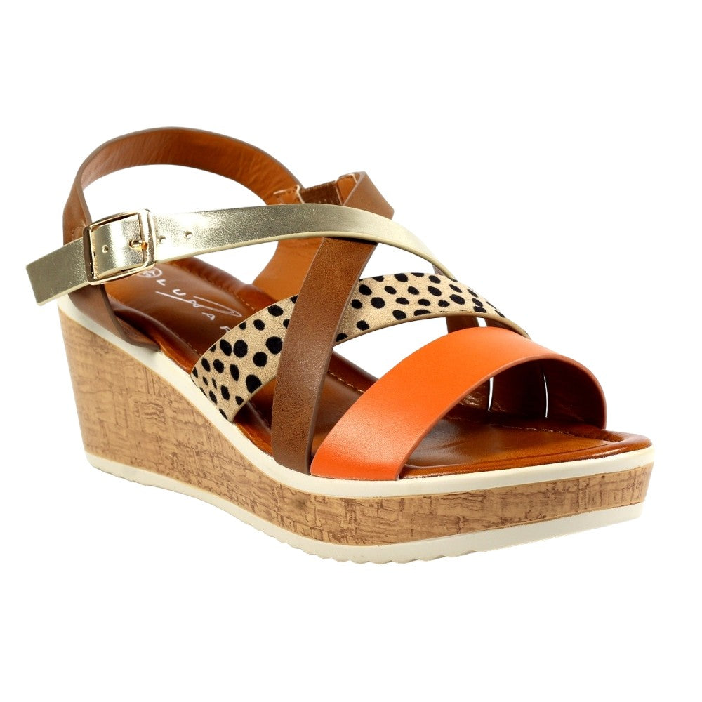 Orange - Front - Lunar Womens-Ladies Arundel Wedge Sandals
