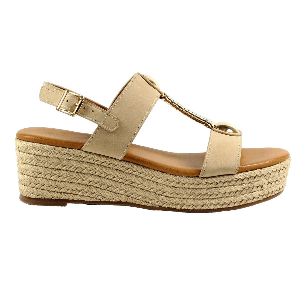 Beige - Side - Lunar Womens-Ladies Ravena Wedge Sandals