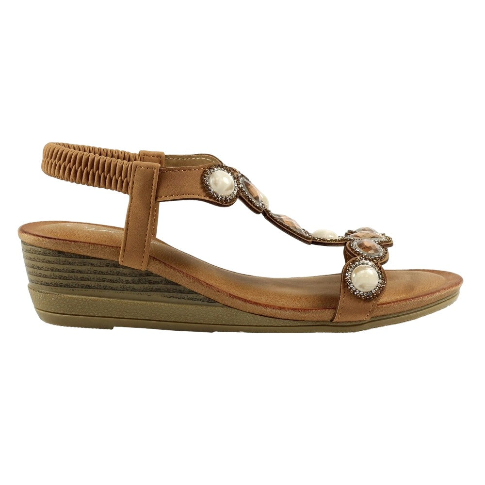 Tan - Side - Lunar Womens-Ladies Presley Wedge Sandals