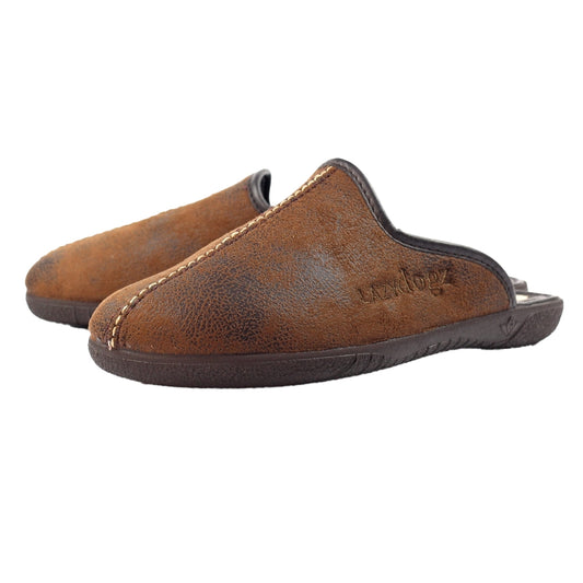 Brown - Front - Lazy Dogz Mens Tees II Faux Leather Slip-on Slippers