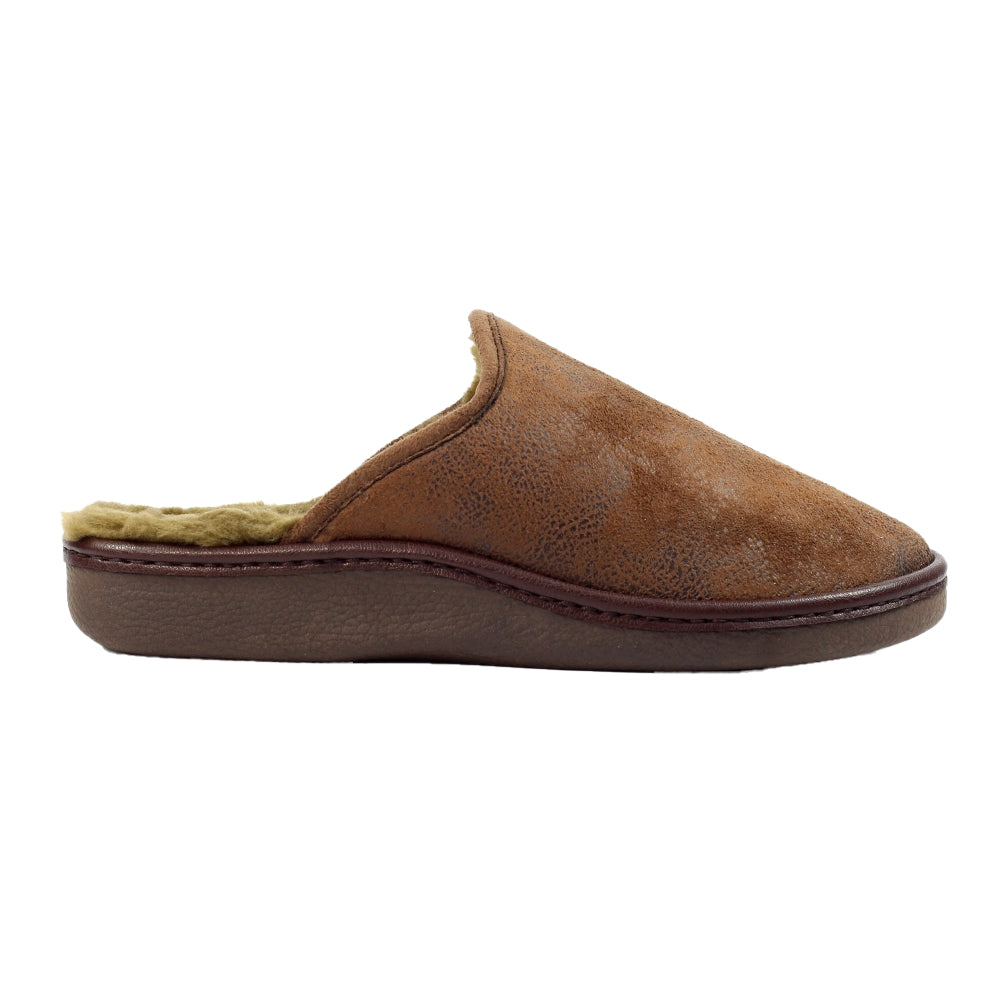 Brown - Back - Lazy Dogz Mens Glen II Faux Leather Slip-on Slippers