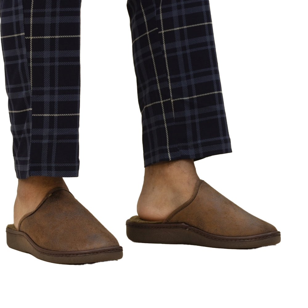 Brown - Front - Lazy Dogz Mens Glen II Faux Leather Slip-on Slippers