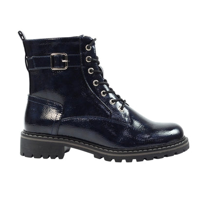 Navy - Side - Lunar Womens-Ladies Parlour Patent Faux Leather Ankle Boots