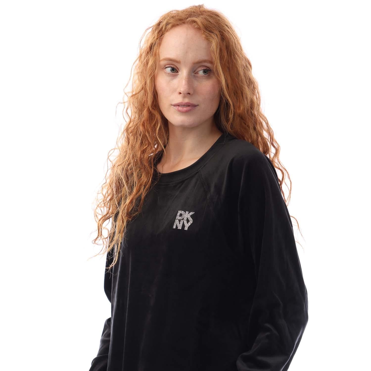 Black - Side - DKNY Womens-Ladies Rhinestone Velour Crew Neck Sweatshirt