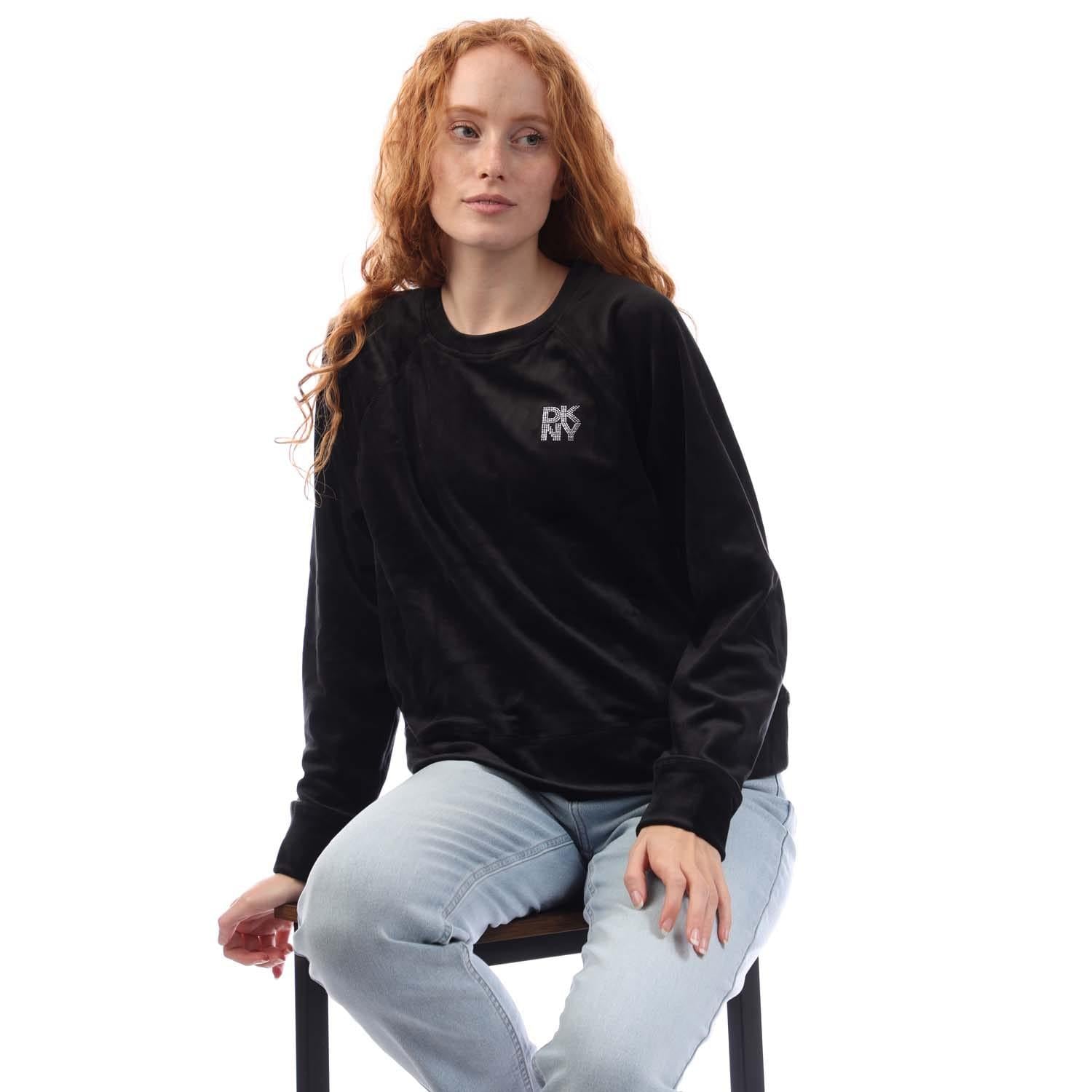 Black - Lifestyle - DKNY Womens-Ladies Rhinestone Velour Crew Neck Sweatshirt