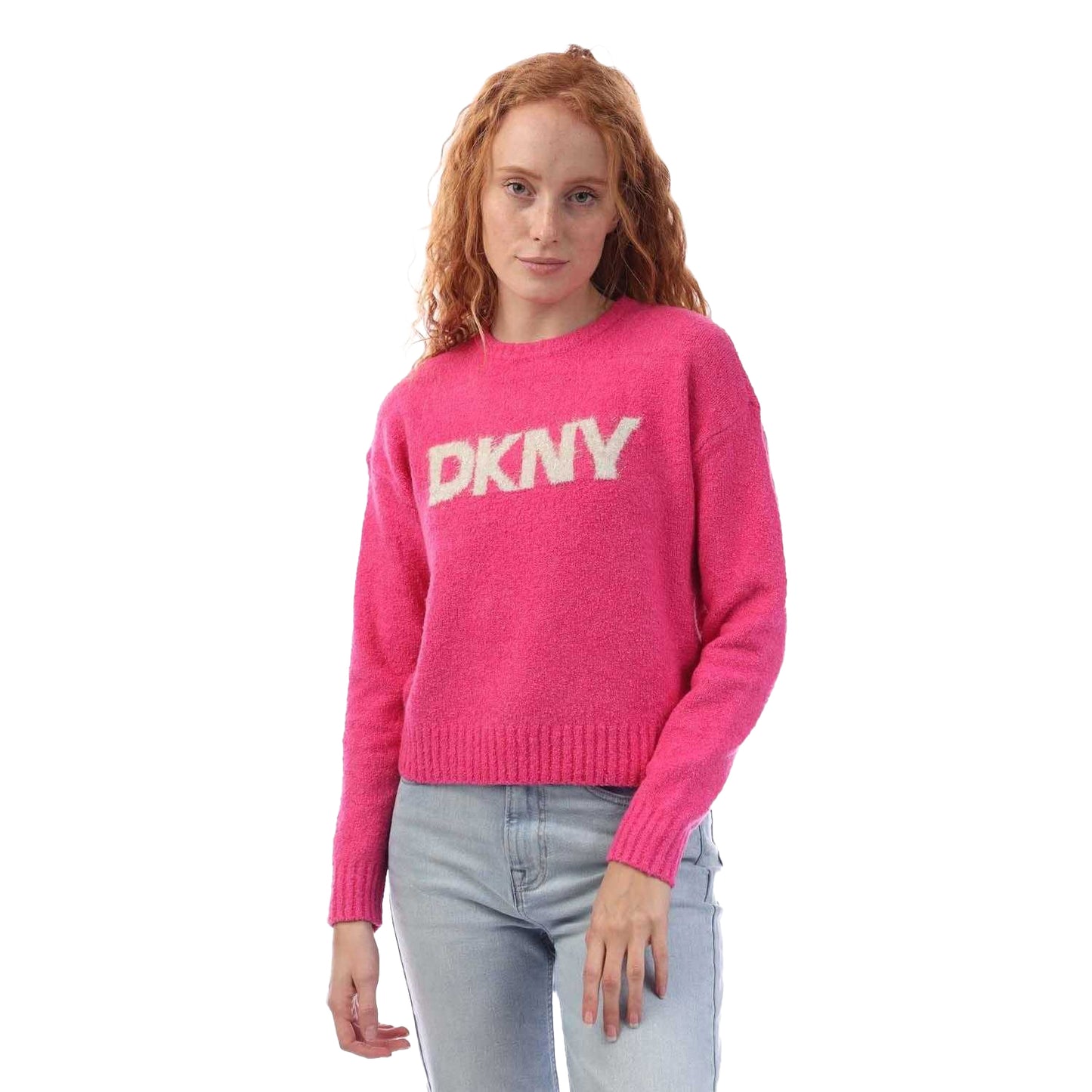 Pink - Front - DKNY Womens-Ladies Tinsel Bouclé Logo Sweatshirt