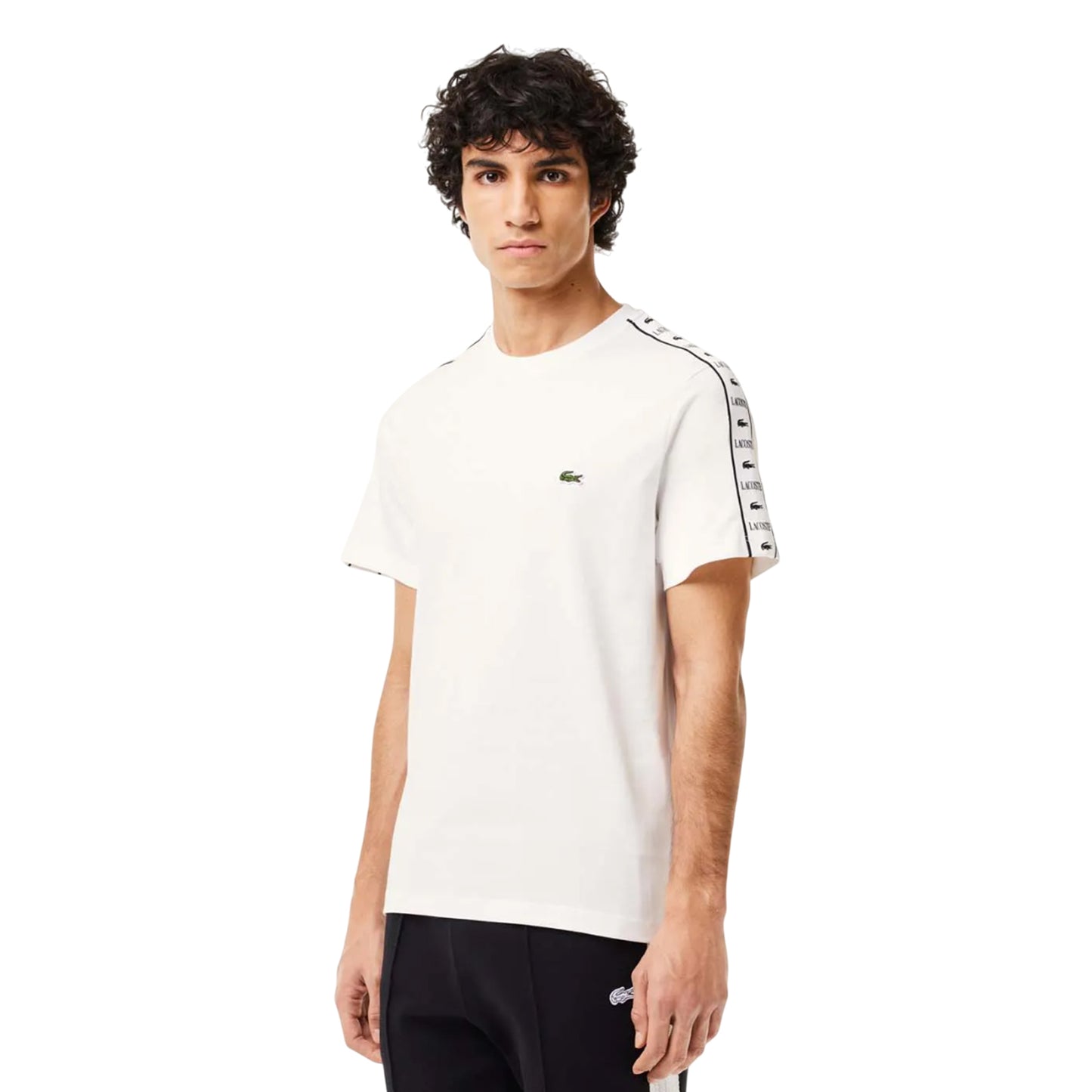 White - Side - Lacoste Mens Logo Strip Cotton Jersey T-Shirt