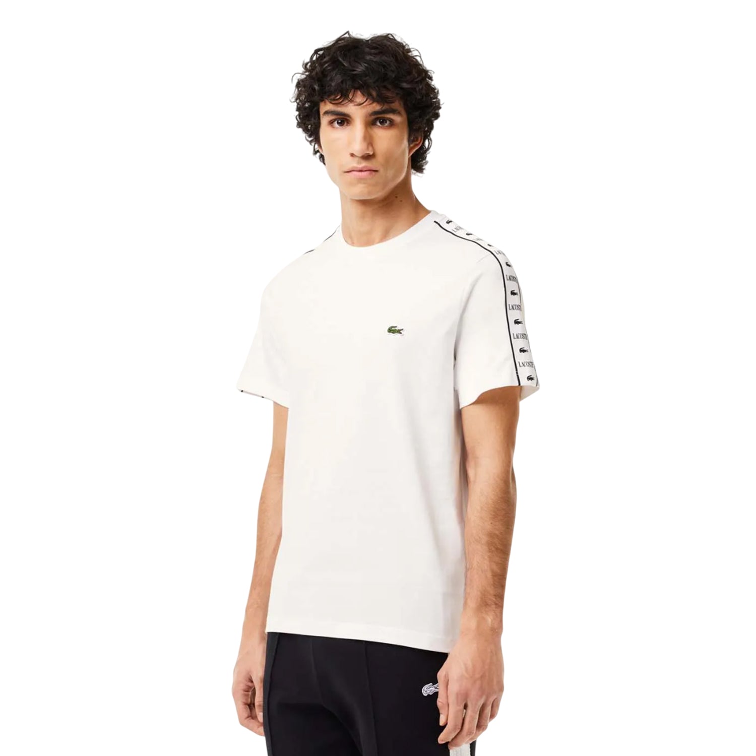 White - Side - Lacoste Mens Logo Strip Cotton Jersey T-Shirt